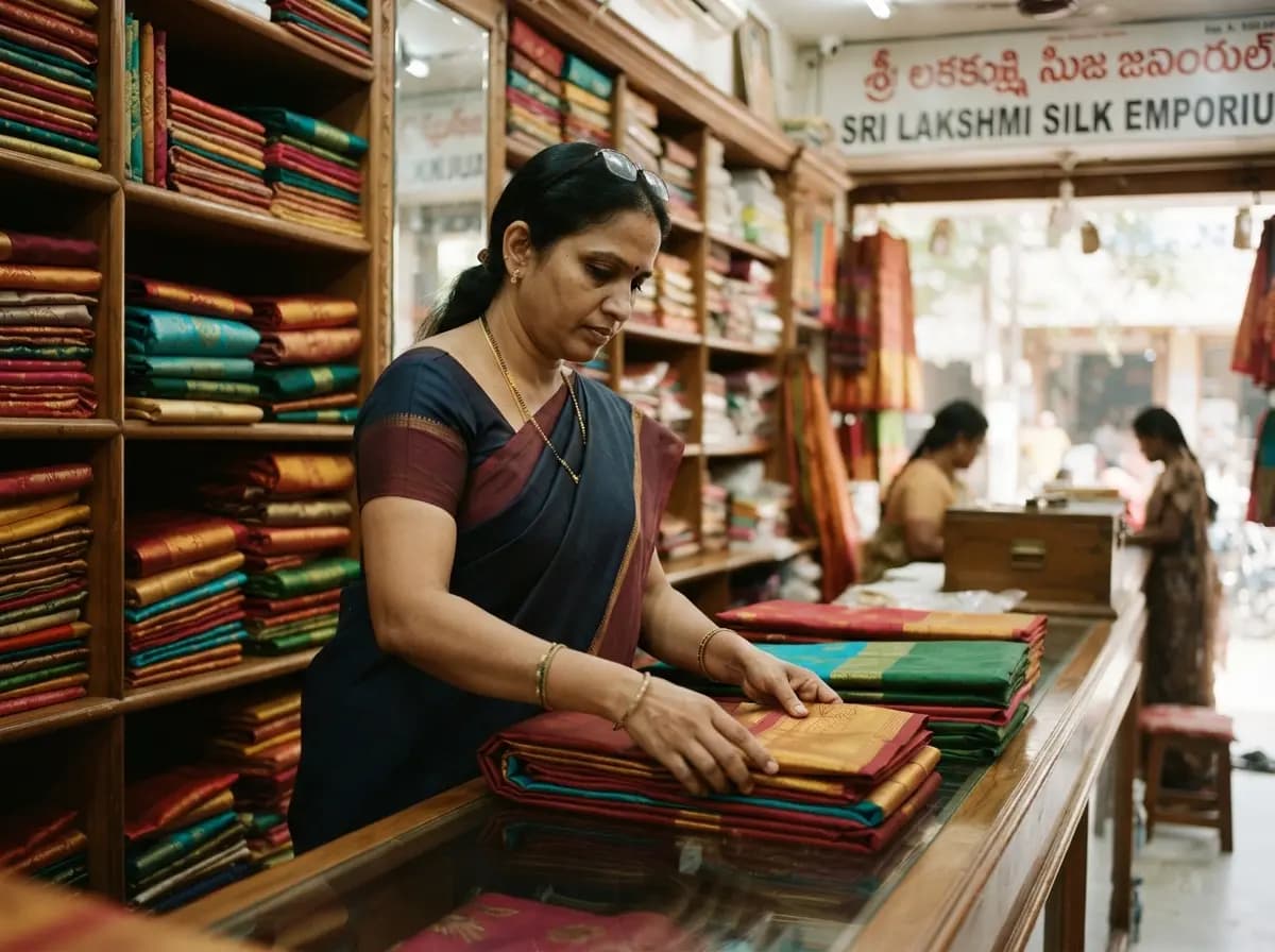 A shopkeeper folding silk sarees at a glass counter in a Telugu-signed saree shop